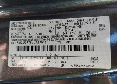 2018 Ford Escape S из США, поврежденный, VIN 1FMCU0F78JUA27913